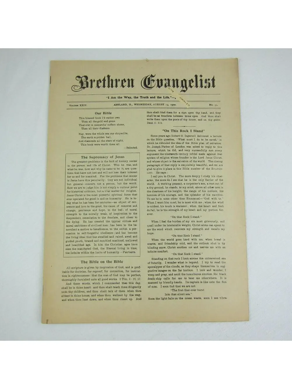 Brethren Evangelist Christian Newspaper Ashland Ohio Antique August 13th 1902